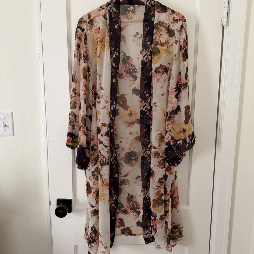 Women Floral Kimono Cardigan Size 18/20W Sheer Pink Yellow Watercolor: Boho